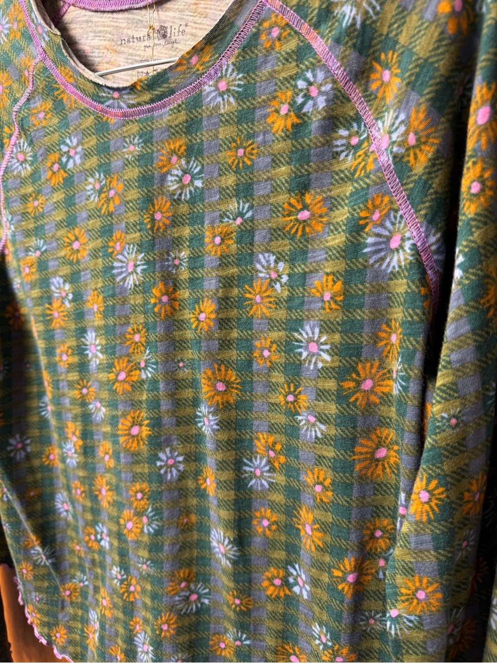 Natural Life Lily Cotton Long Sleeve Tee Shirt Plaid Floral Green Large NEW NWT - Picture 6 of 10